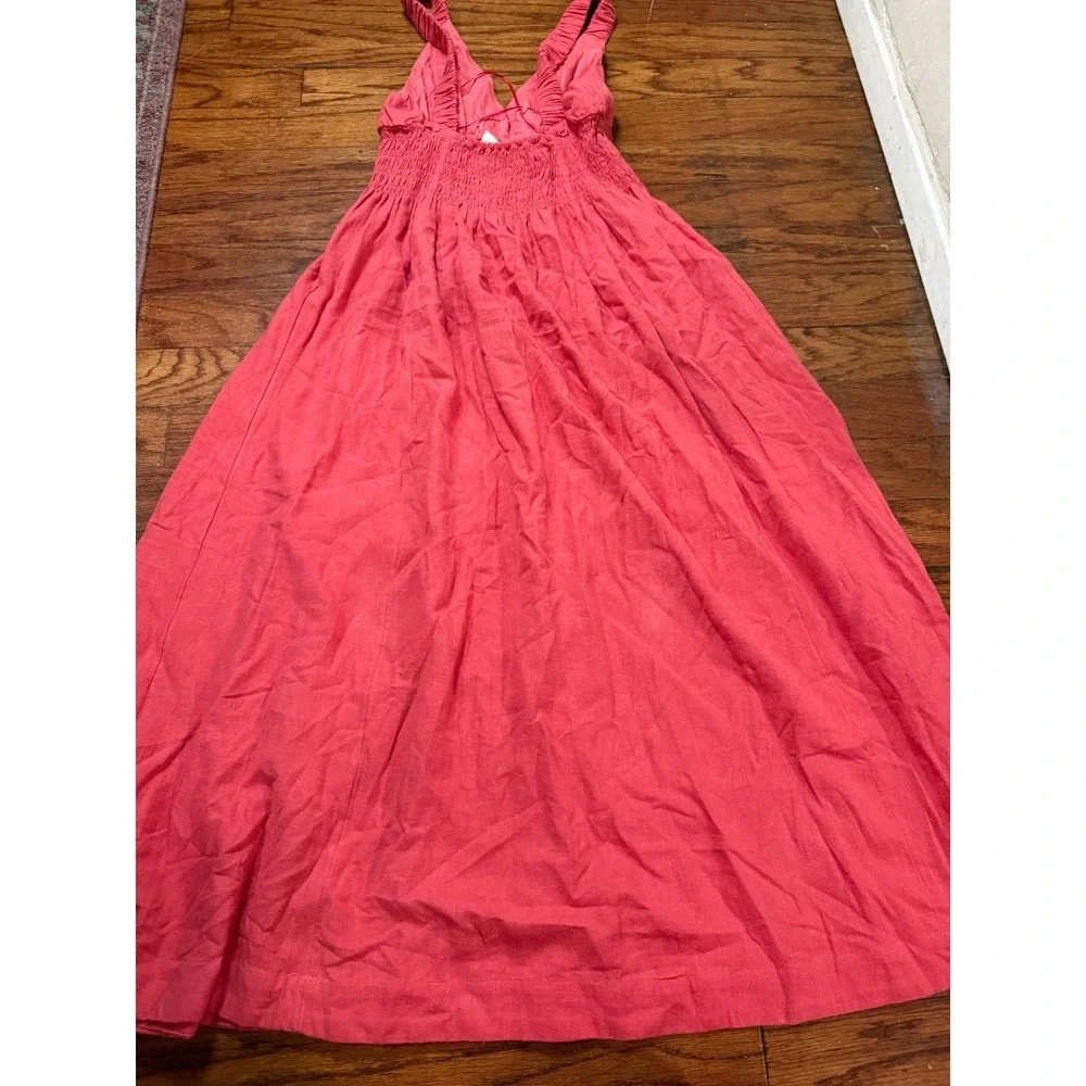 Abercrombie & Fitch Pink Linen Blend Smocked Maxi Dress V-Neck Small NWT
